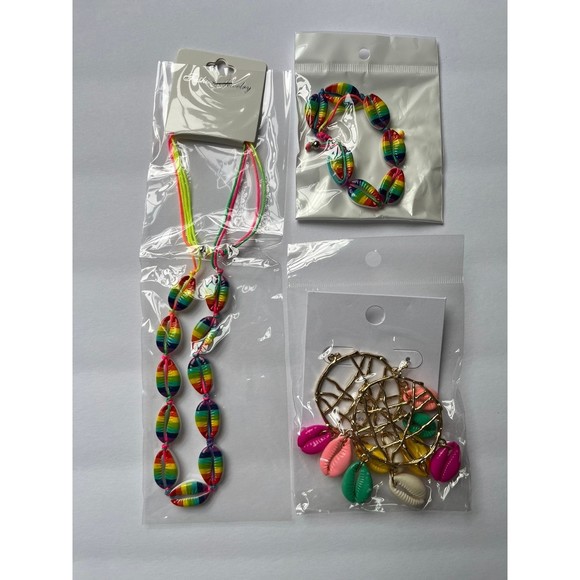3pc set rainbow puka shell braclet, necklace, & earrings - Picture 1 of 2